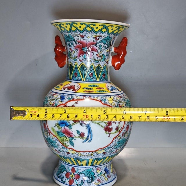 Famille Rose Bird & Floral Two-Handled Porcelain Vase, Chinoiserie Decor Vessel For Sale - Image 4 of 7