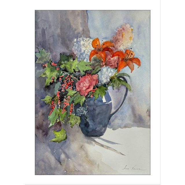 "Bouquet With Currant Sprigs" Original Impressionist Flower Still Life Watercolor on Paper Painting Art by Anna Novick, Framed For Sale