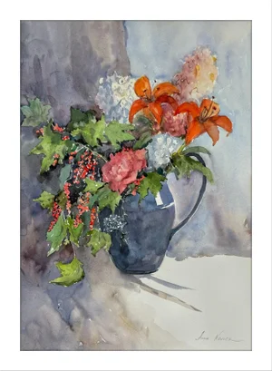 "Bouquet With Currant Sprigs" Original Impressionist Flower Still Life Watercolor on Paper Painting Art by Anna Novick, Framed