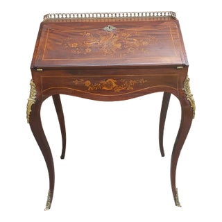 Early 20th Century Louis XV Style Marquetry Inlaid Mahogany Galleried Slant Front Desk For Sale