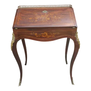 Early 20th Century Louis XV Style Marquetry Inlaid Mahogany Galleried Slant Front Desk