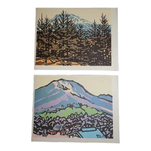 Vintage Folio Size Signed Mid 20th C. Japanese Expressionist Landscape Lithographs - A Pair by Subaro Myata