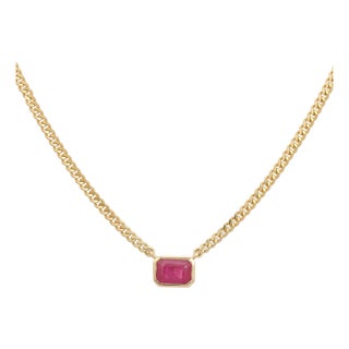 Certified Bezel Set Ruby Necklace With Curb Chain in 14k Solid Gold For Sale