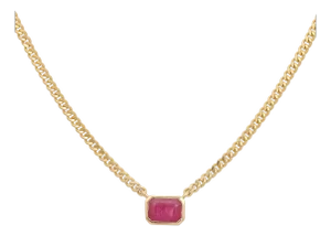 Certified Bezel Set Ruby Necklace With Curb Chain in 14k Solid Gold