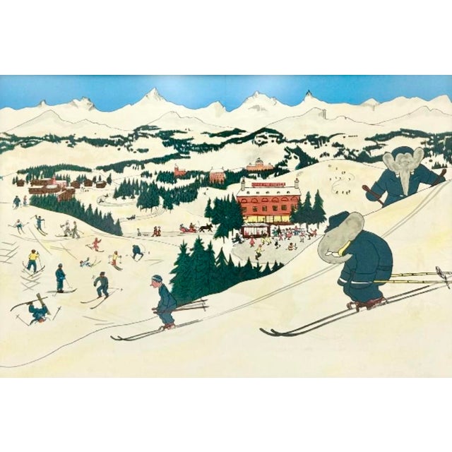 A charing vintage Babar lithographic print captures a lively alpine winter. Professionally framed and ready to bring a bit...