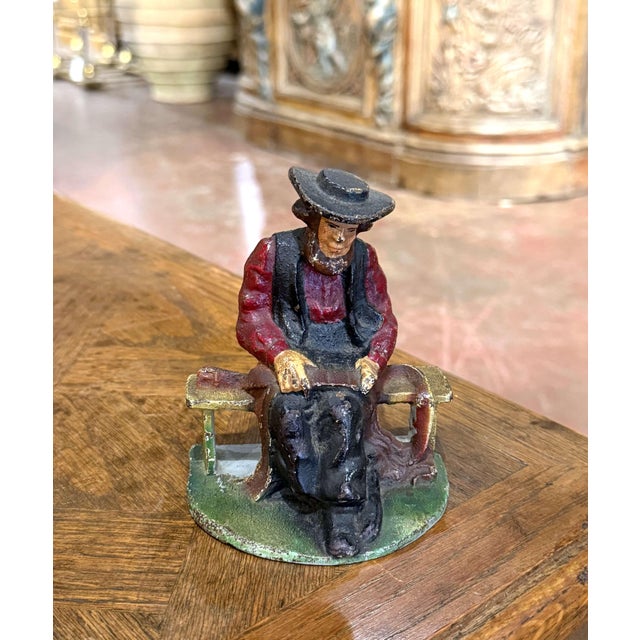 French Pair 19th Century French Hand-Painted Cast Iron Figural Bookends For Sale - Image 3 of 9