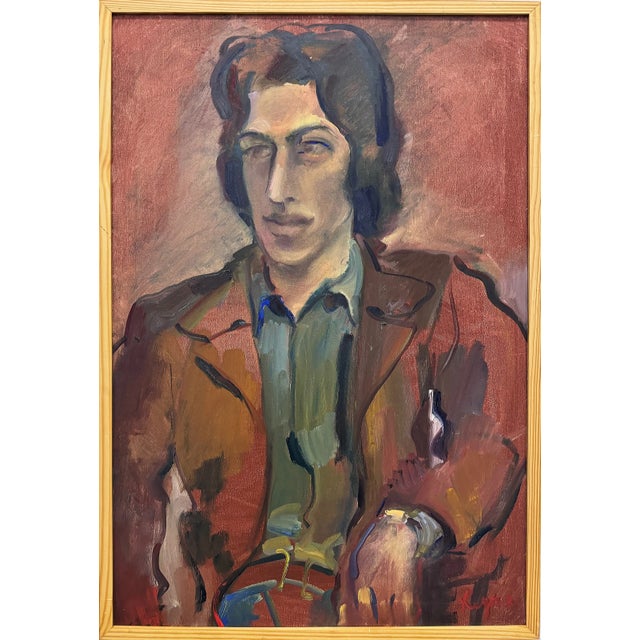 Mid-Century Modern Portrait Painting of a Hipster Signed Illegibly For Sale