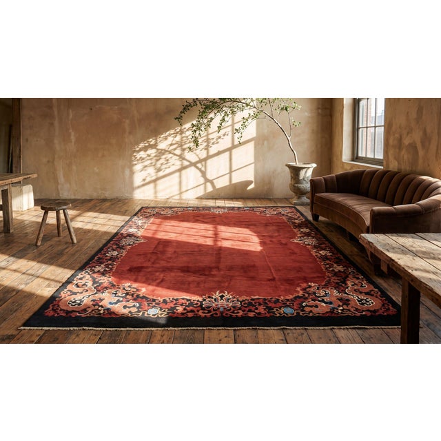 Fabuluos Red Open Field Color With Nice Floral Border Antique Chinese Art Deco Rug For Sale - Image 9 of 10