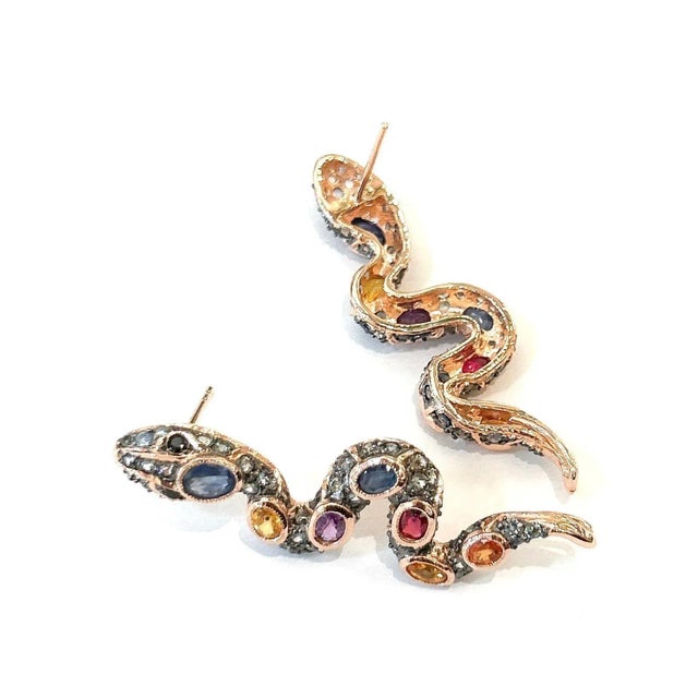 Metal Bochic “Orient” Ruby & Multi Sapphire Serpent Earrings Set In 18K Gold & Silver - 2 Pieces For Sale - Image 7 of 11