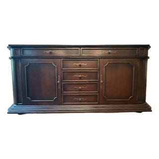 Traditional Paneled Dark Walnut Credenza Sideboard With Center Drawers and Cabinet Storage For Sale