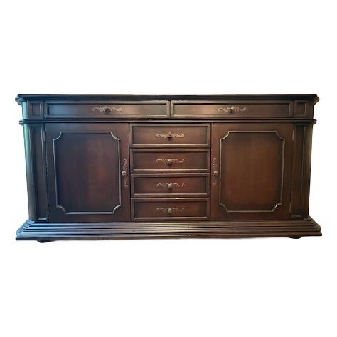 Traditional Paneled Dark Walnut Credenza Sideboard With Center Drawers and Cabinet Storage For Sale