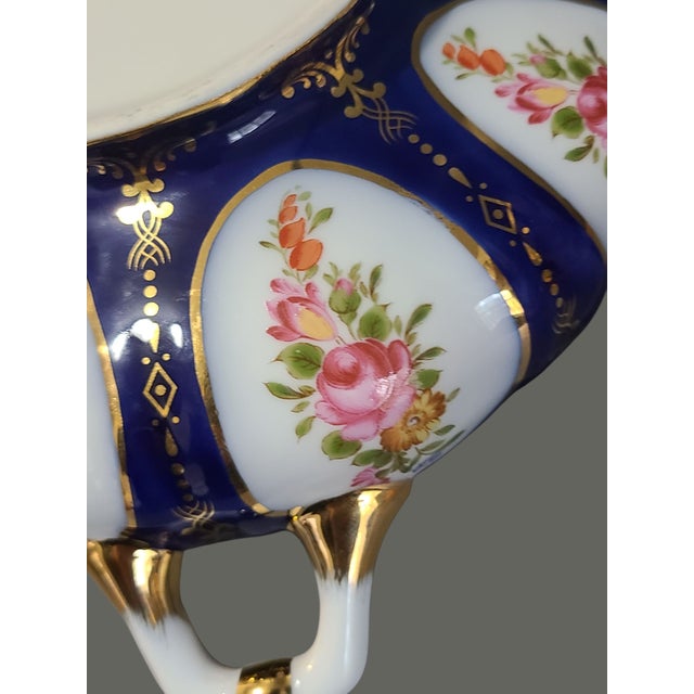 Vintage Cobalt Blue Fine Porcelain Hand Painted Floral Roses Gilded Covered Dish For Sale - Image 6 of 7
