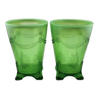 Antique Circa.1903 Jefferson Glass Green Opalescent Swag With Brackets Footed Spooner For Sale