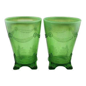 Antique Circa.1903 Jefferson Glass Green Opalescent Swag With Brackets Footed Spooner