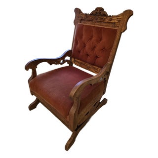 Antique Late Victorian Quarter Sawn Oak Platform Rocker – Tufted Rust Velvet Accent Rocking Chair For Sale