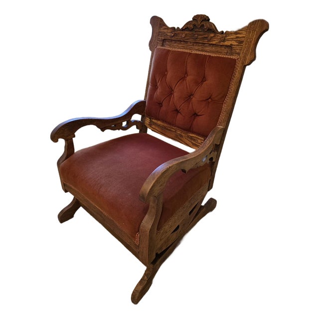 Antique Late Victorian Quarter Sawn Oak Platform Rocker – Tufted Rust Velvet Accent Rocking Chair For Sale