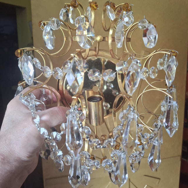 Luxe 1950's Hollywood Regency 24k Plate Frame Austrian Crystal 1/2 Orb Wall Sconces Attributed to Palwa a - Pair For Sale - Image 13 of 17