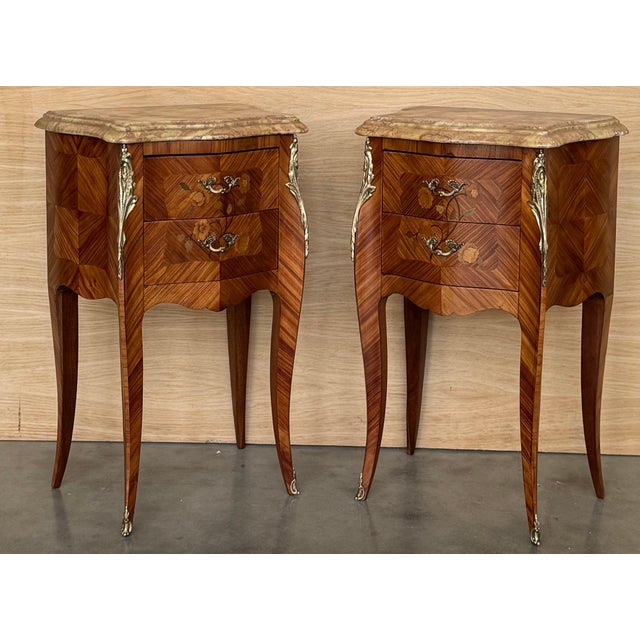 Brown Pair Antique French Louis XV Marquetry Marble Top Nightstands with Two Drawers For Sale - Image 8 of 18