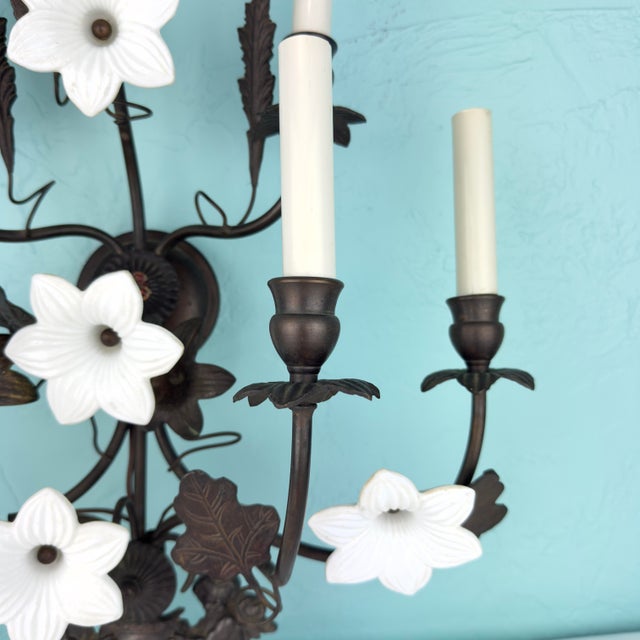 1960s Vintage 7 Light Wrought Iron Wall Sconce With Milk Glass Flowers & Cherub Motif Matching Sconce Available Separately For Sale - Image 5 of 12