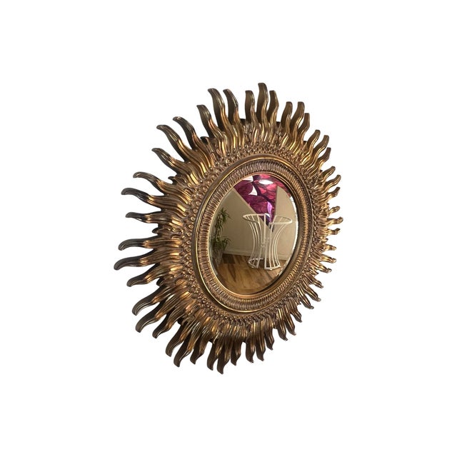 Mid-Century Modern Vintage Mid Century Modern Large Sunburst Sun Labarge Wall Art Mirror Gold Gilt Hollywood Regency 1970s MCM For Sale - Image 3 of 7