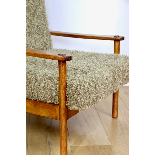 Vintage Wood Lounge Chair with Olive Green Long Pile Upholstery, 1970 For Sale - Image 11 of 13