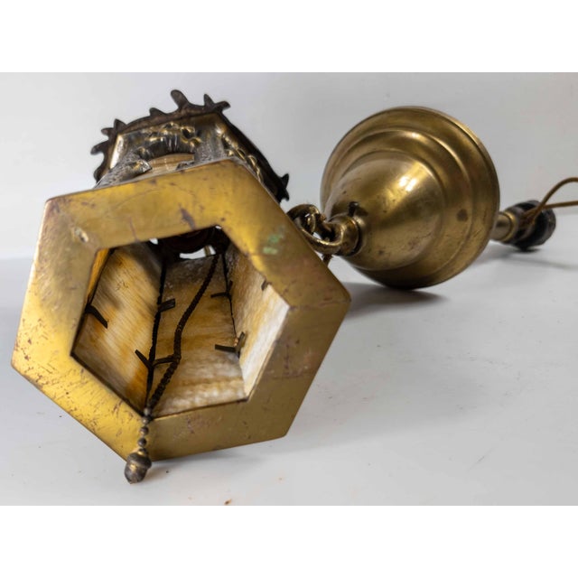 20th Century Arts & Crafts Brass and Slag Glass Gothic Tudor Revival Pendant Light For Sale - Image 11 of 15
