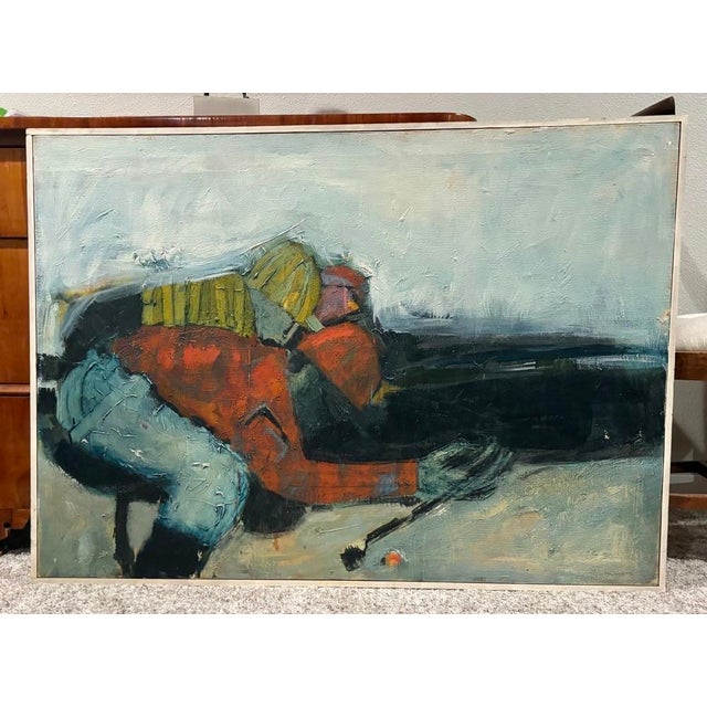 1970s Large Vintage Abstract Oil Painting of a Downhill Skier For Sale - Image 5 of 5