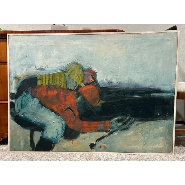1970s Large Vintage Abstract Oil Painting of a Downhill Skier, Framed, 32” X 44.5” For Sale - Image 5 of 5