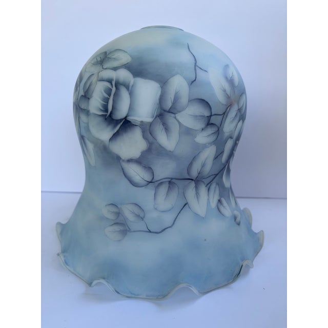Traditional Vintage Frosted Blue Glass Rose Lamp Shade With Ruffled Scalloped Edge For Sale - Image 3 of 9