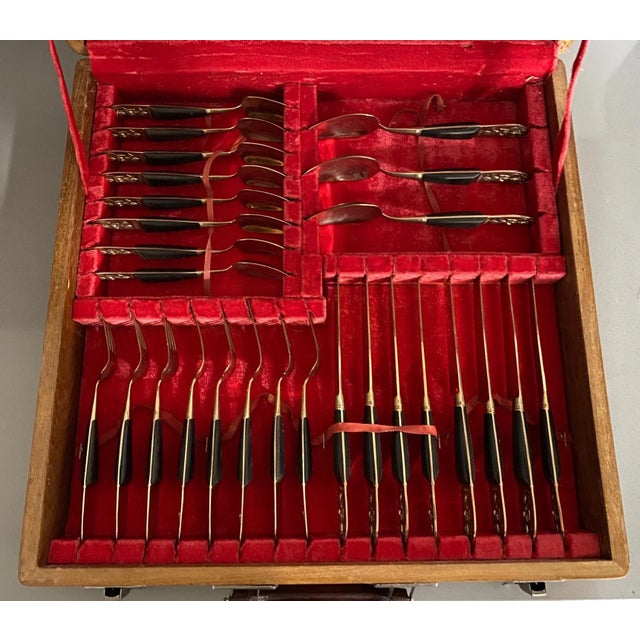 Vintage mid-century modern James Thailand 36 piece flatware set with bronze seated Buddha on base of each piece. Handles...