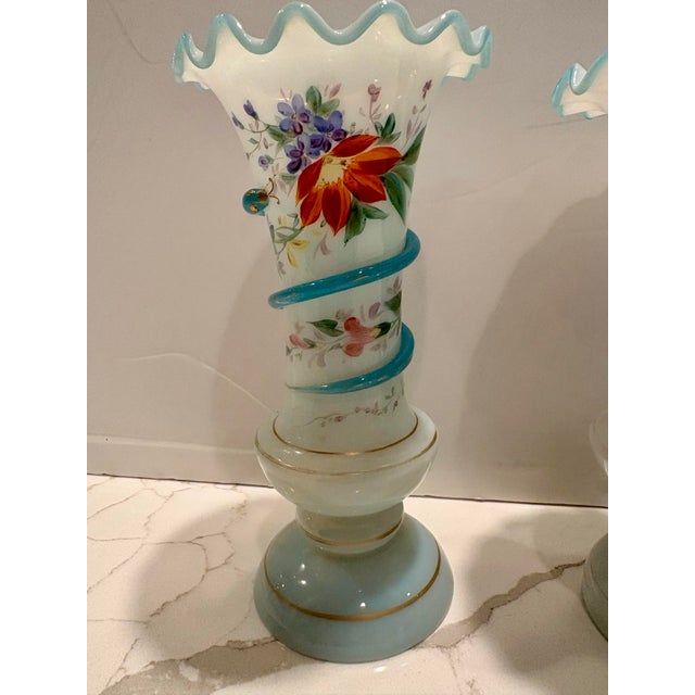 Glass Antique White Opaline Vases With Fruit, Flowers, and Glass Applied Snakes - A Pair For Sale - Image 7 of 11