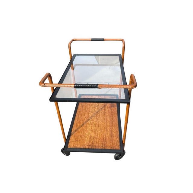Animal Skin Stitched Leather Trolley by Jacques Adnet, 1950s For Sale - Image 7 of 13