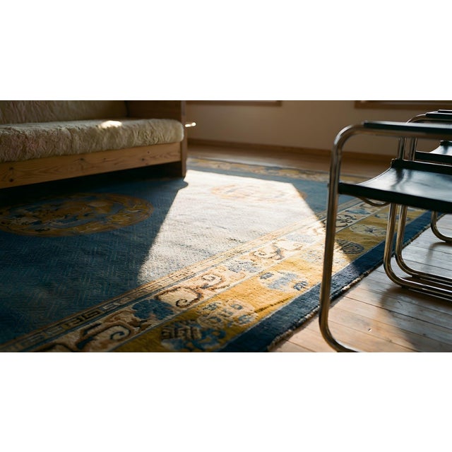 Special Blue and Gold Bronze Color Unique With Animalistic Design Antique Chinese Rug For Sale - Image 15 of 15