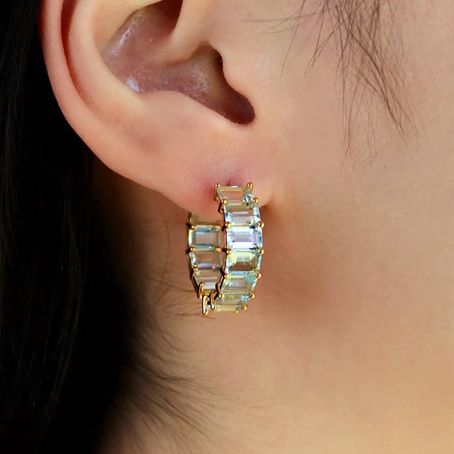 Contemporary Nina Zhou 20ct Natural Aquamarine Inside-Out Hoop Earrings in 14k Yellow Gold - a Pair For Sale - Image 3 of 8