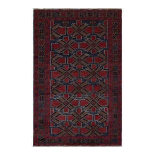 Rug & Kilim’s Baluch Tribal Rug With Burgundy and Navy Blue Geometric Patterns For Sale