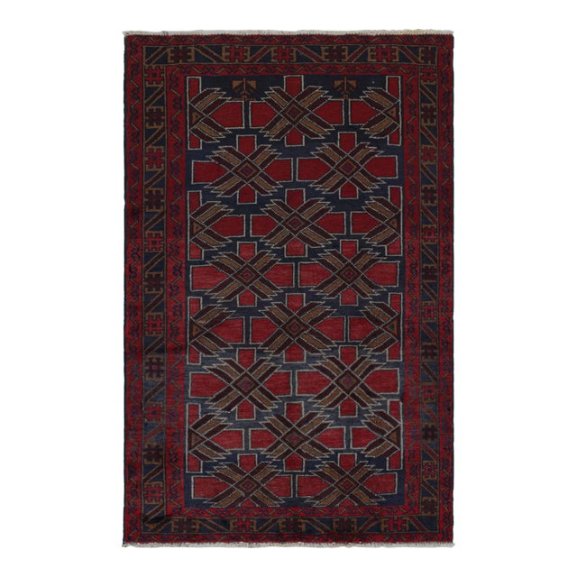Rug & Kilim’s Baluch Tribal Rug With Burgundy and Navy Blue Geometric Patterns For Sale