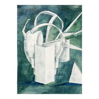 Vintage Green & White Abstract Watercolor Painting For Sale