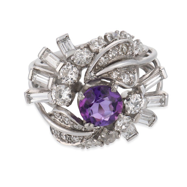 Mid-Century Modern Mid Century Amethyst Diamond Platinum Cocktail Ring, Size 5 For Sale - Image 3 of 6