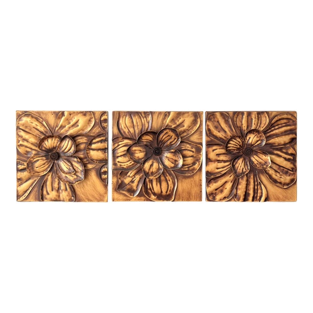 Circa 2016 Applied Bas & High Relief-Style Metal Hibiscus Petals & Pistils Wall Art Plaques – Set of 3 For Sale