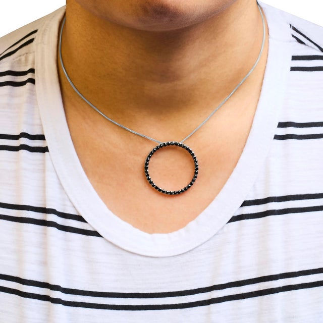 .925 Sterling Silver 2.0 Cttw Black Diamond Open Hoop Circle 18" Pendant Necklace (Black Color, I2-I For Sale - Image 4 of 5