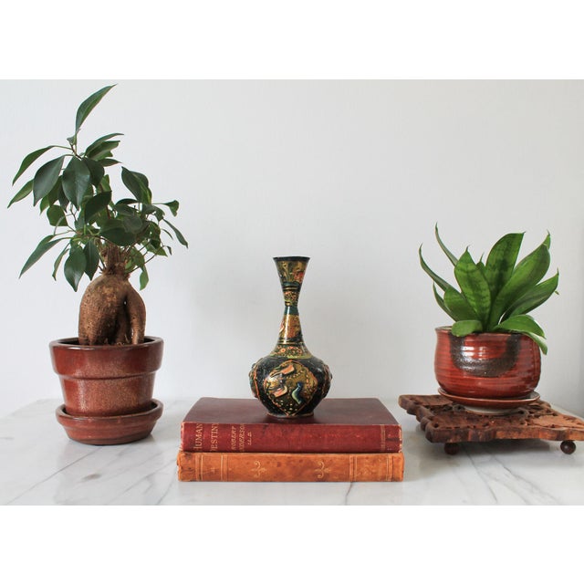 Vintage Chinese Cloisonné hand painted vase with bird motif. One dent. Some age wear to painted finish. Pictured. No...