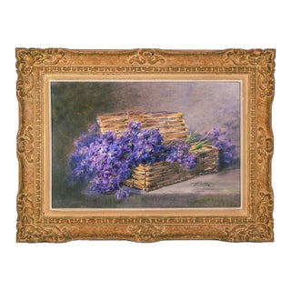 Early 20th Century Still Life of Violets in Basket - Artist Unknown For Sale