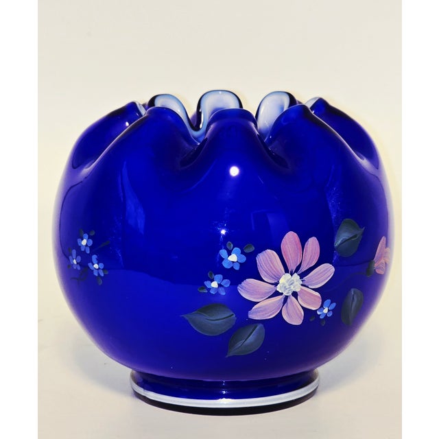 Fenton Art Glass Company Fenton Cobalt Blue Ruffled Vase – Hand Painted & Signed by J. Cunningham For Sale - Image 4 of 10