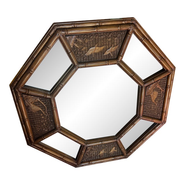 Vintage Faux Bamboo Geometric Asian Style Wall Mirror With Bird Accents For Sale