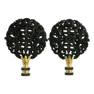 Chinese Archaic Style Carved Stone Lamp Finials on Brass Hardware - A Pair For Sale