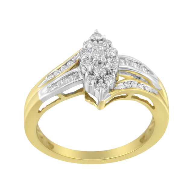 Crafted in lustrous 10k gold, this bypass ring showcases a dazzling round diamond cluster. Soft alternating yellow and...