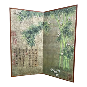 Mid 20th Century Chinese Inspired "Bamboo Scene With Poem" Hand-Painted Gold Foil 2-Panel Screen
