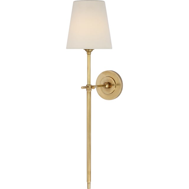 Thomas O'Brien for Visual Comfort Signature Bryant 27" Cordless Tail Sconce in Hand-Rubbed Antique Brass with Linen Shade For Sale In Houston - Image 6 of 13