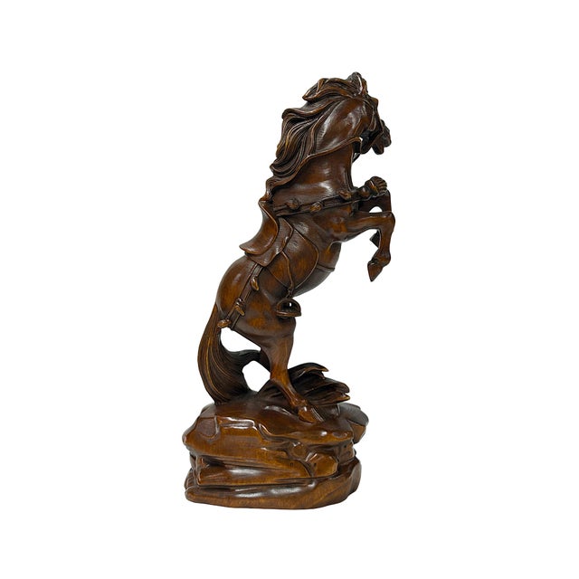 7" Small Brown UpRearing Spirited Details Motifs Wood Horse Figure For Sale - Image 4 of 9