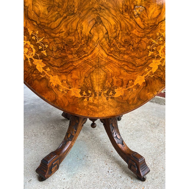 Brown Antique English Center Breakfast Table Burl Walnut Tilt Top Inlaid Oval C1890 For Sale - Image 8 of 18